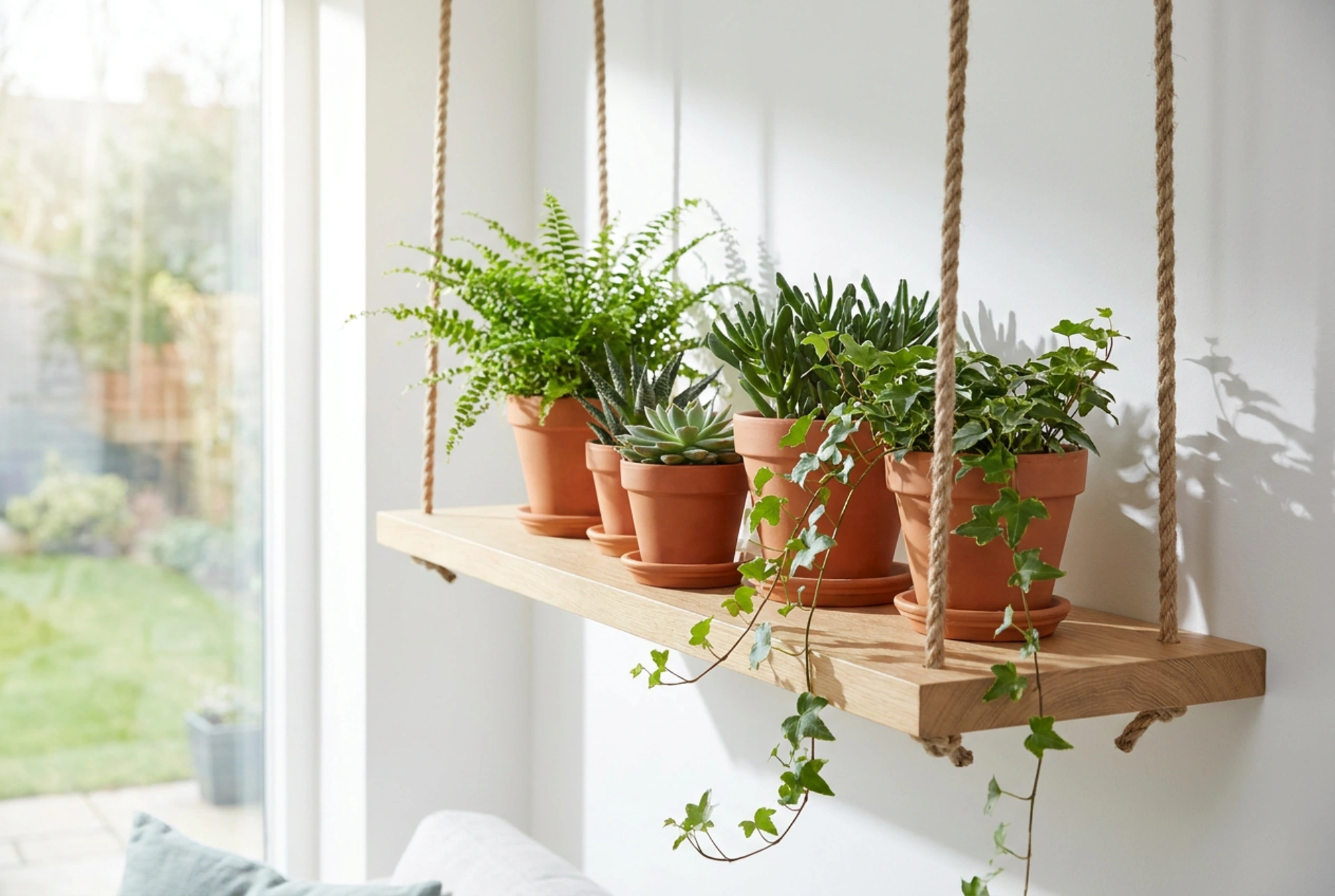 Hängande blompottor och säker fönsterorganisering