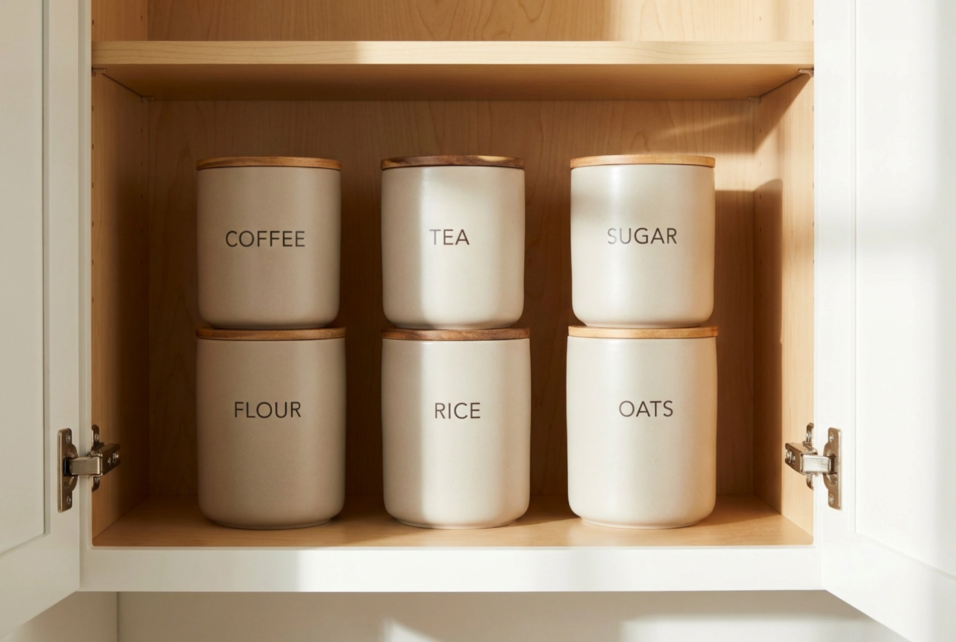 Kaffe- och teburkar i ett välorganiserat skåp