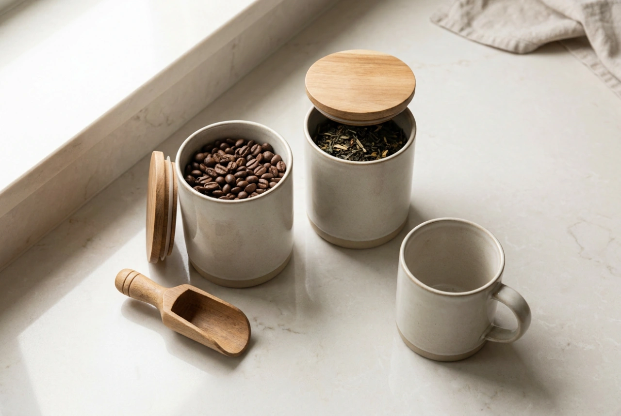 Moderna behållare för kaffe och te i ett välorganiserat kök