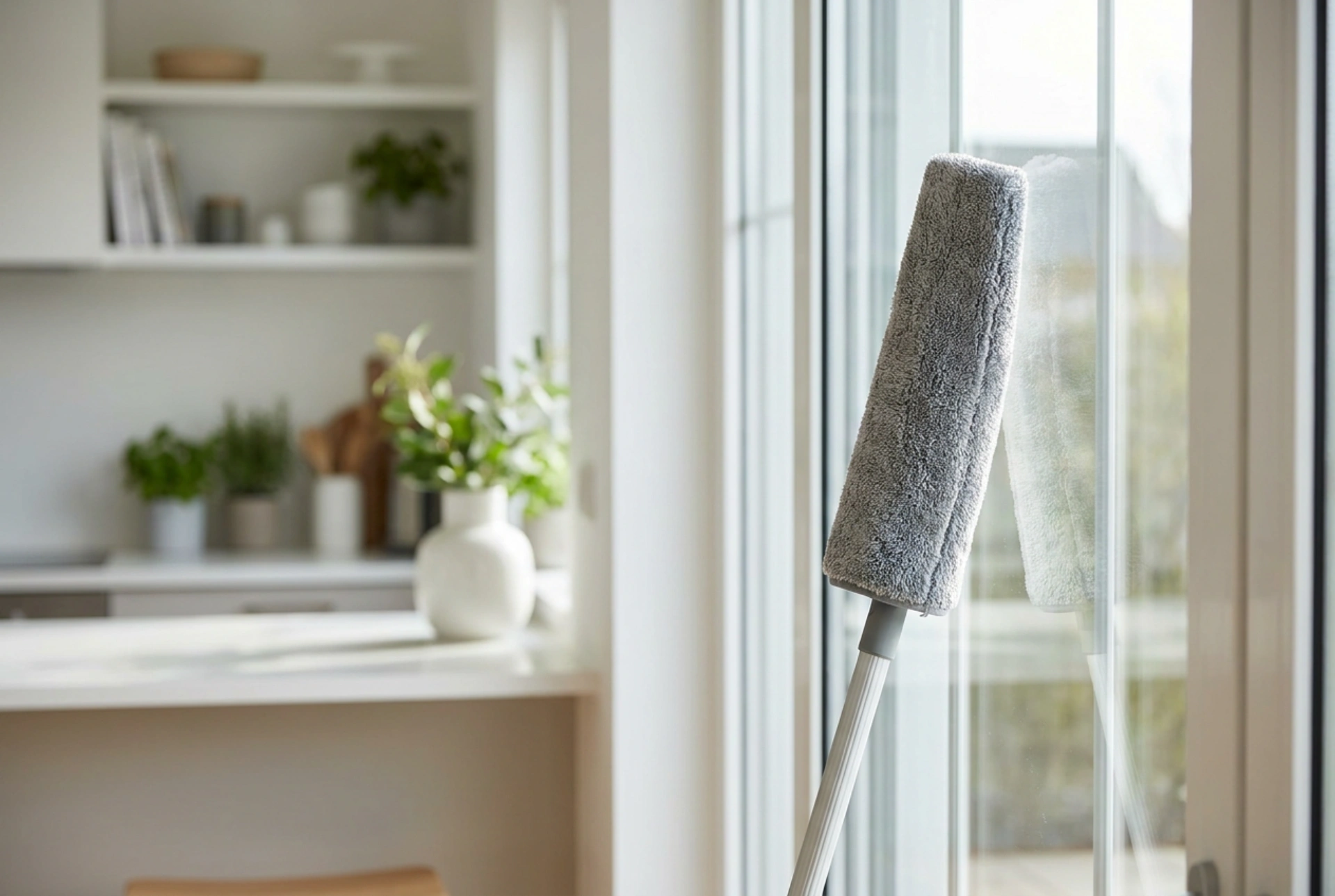 Teleskopfönsterputsare med sprayfunktion för effektiv rengöring av höga fönster