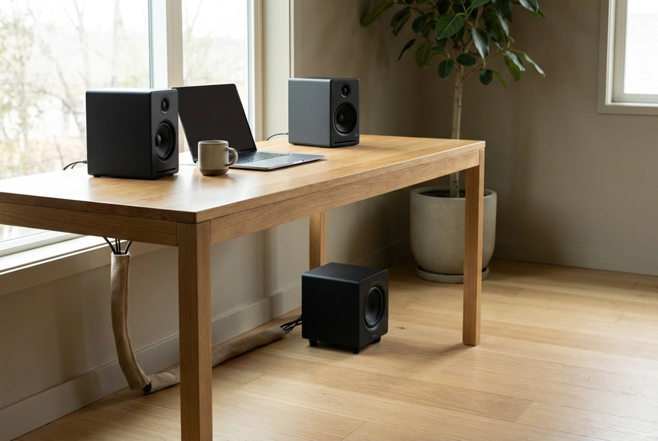 Hur du placerar datorhögtalare med subwoofer på skrivbordet