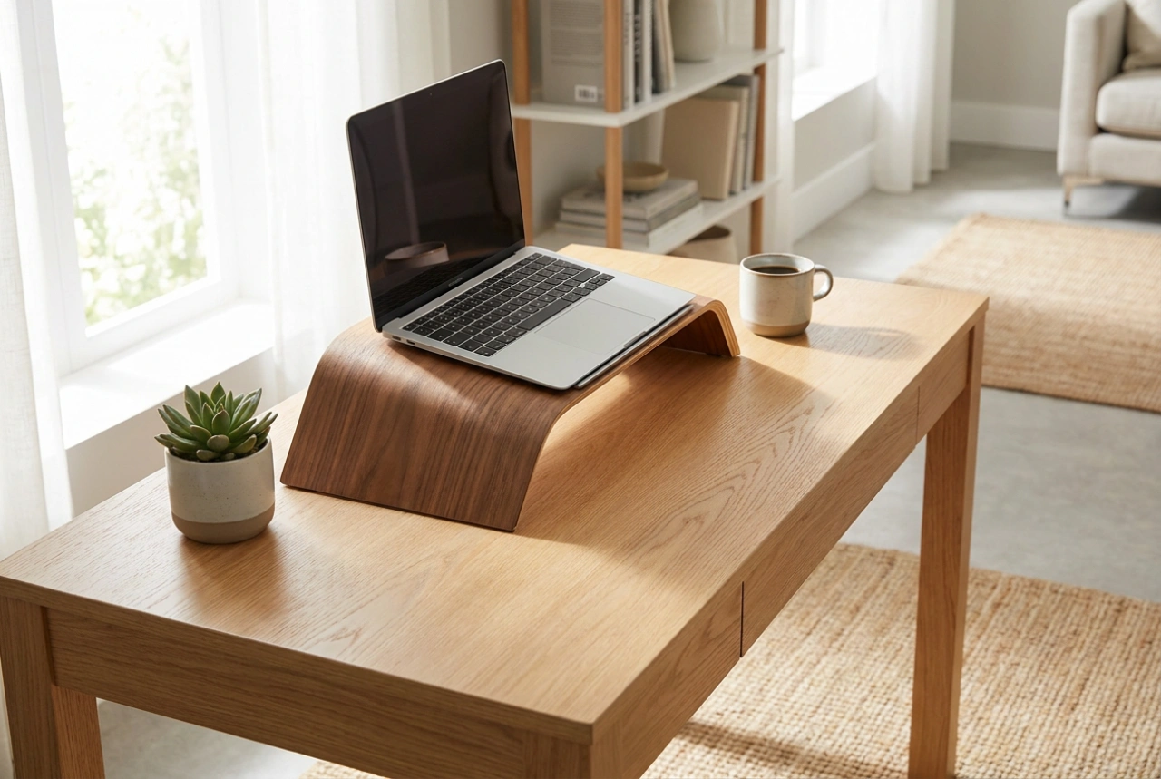 Laptopstativ i trä och regler för säker placering av utrustning