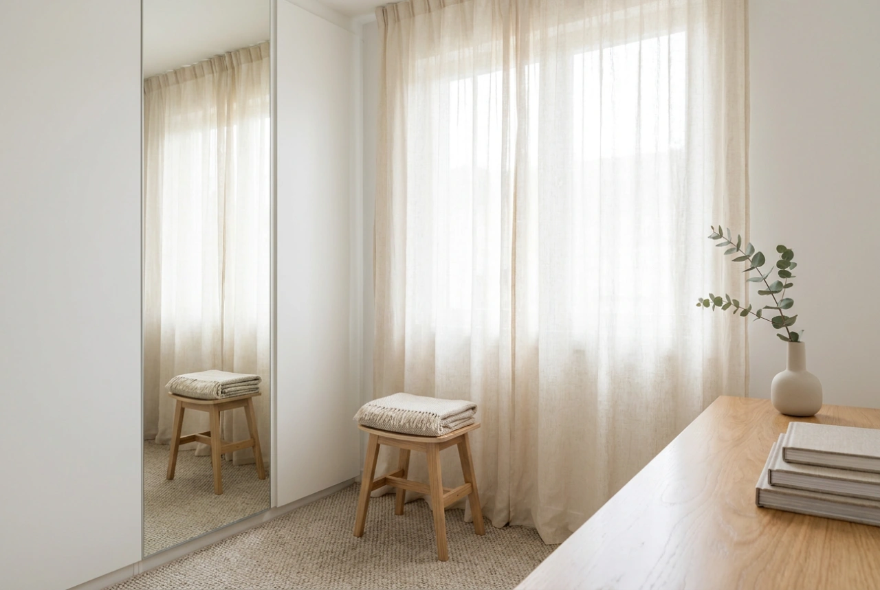 Vit spegelgarderob och designknep för ett luftigt litet sovrum