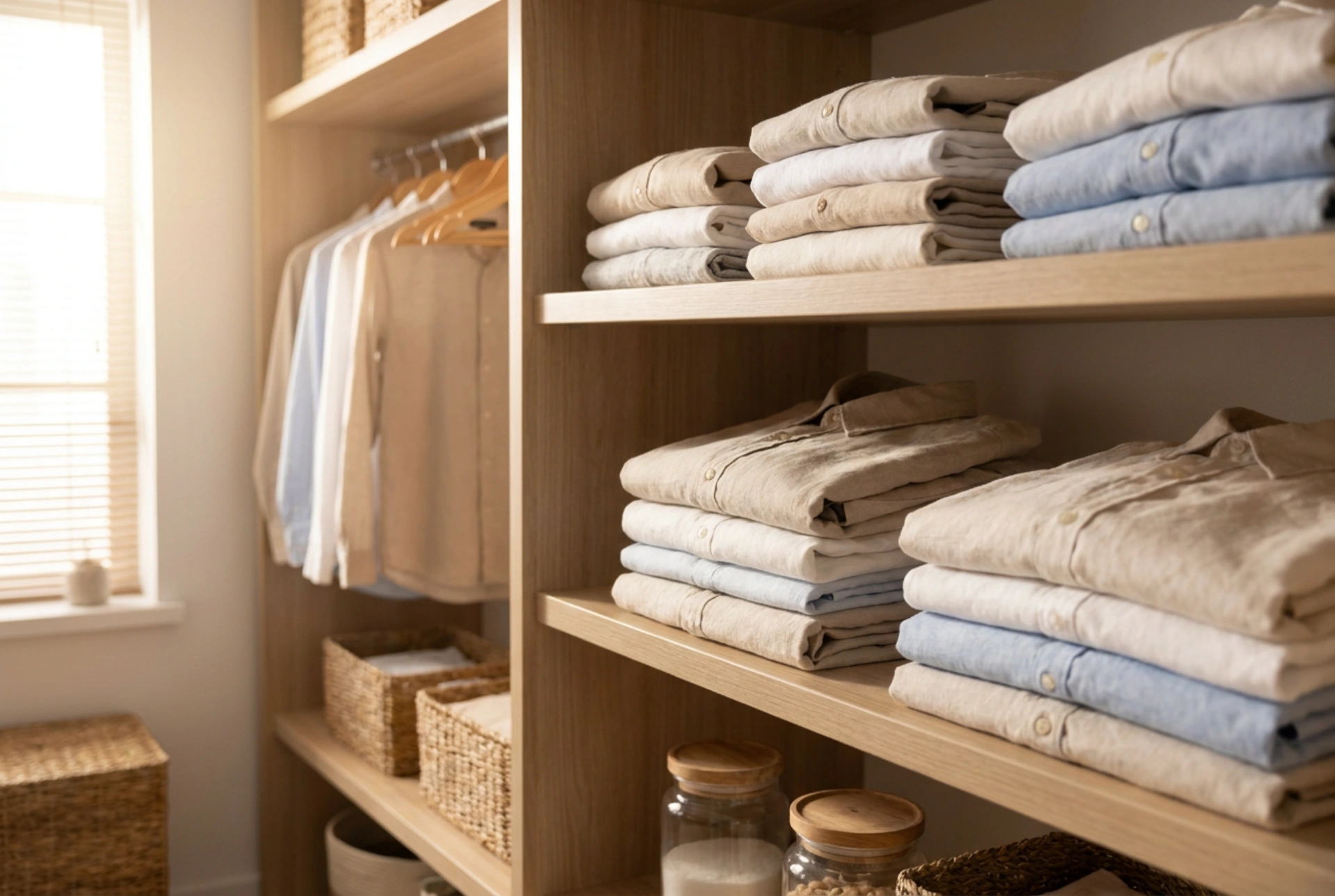 Ett beprövat system för att organisera kläder i en stor garderob med hyllor