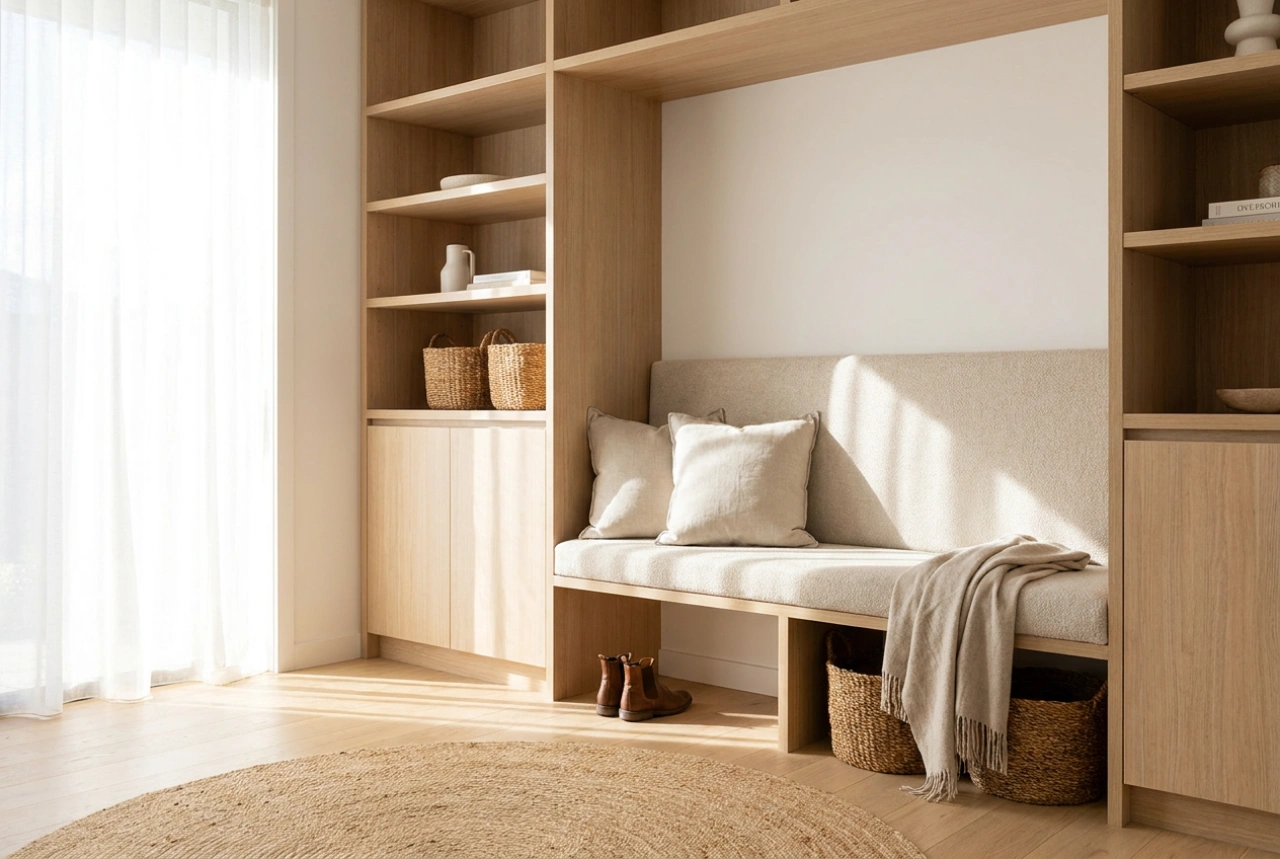 Hur du designar en garderob med sittbänk för en funktionell hall