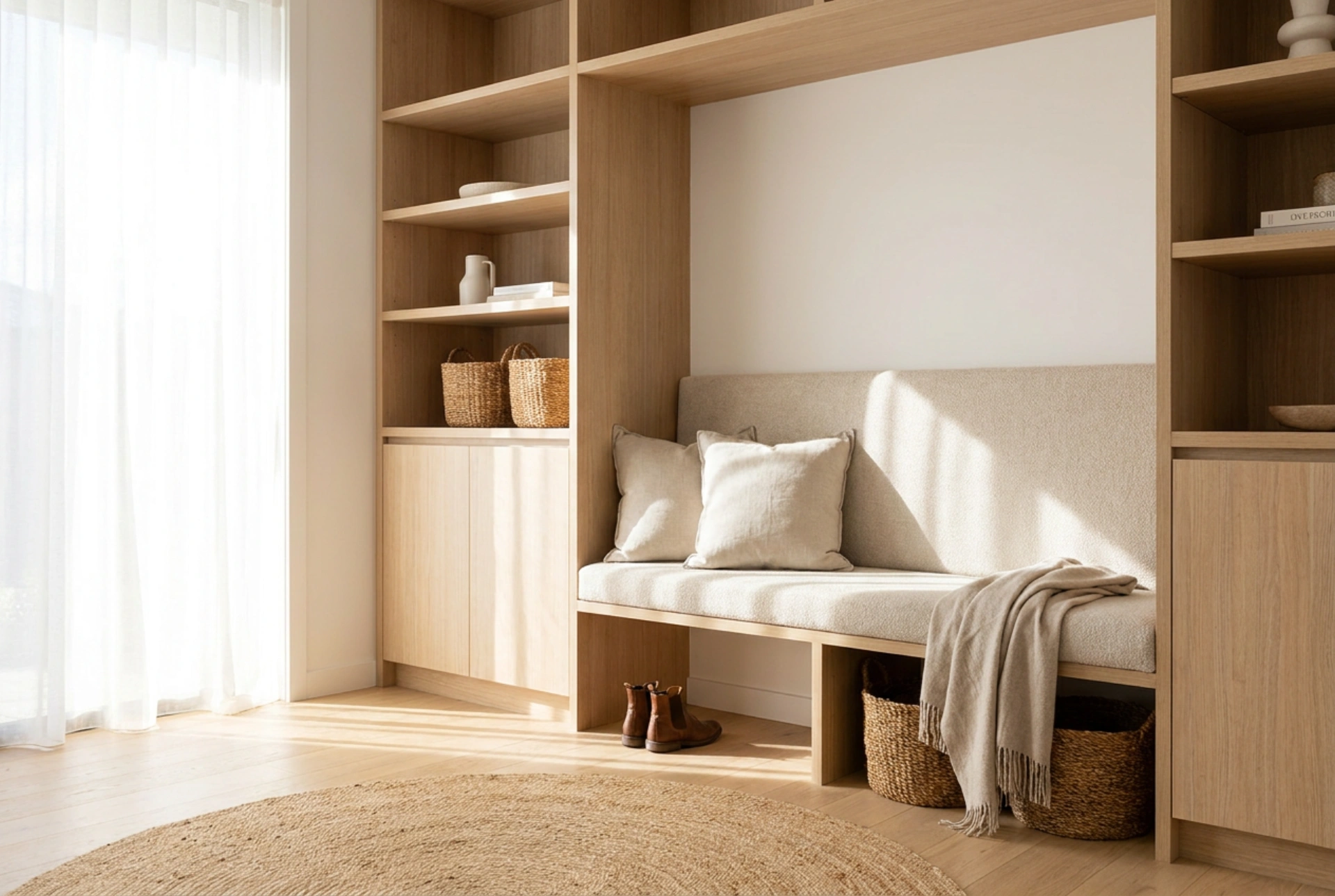 Hur du designar en garderob med sittbänk för en funktionell hall