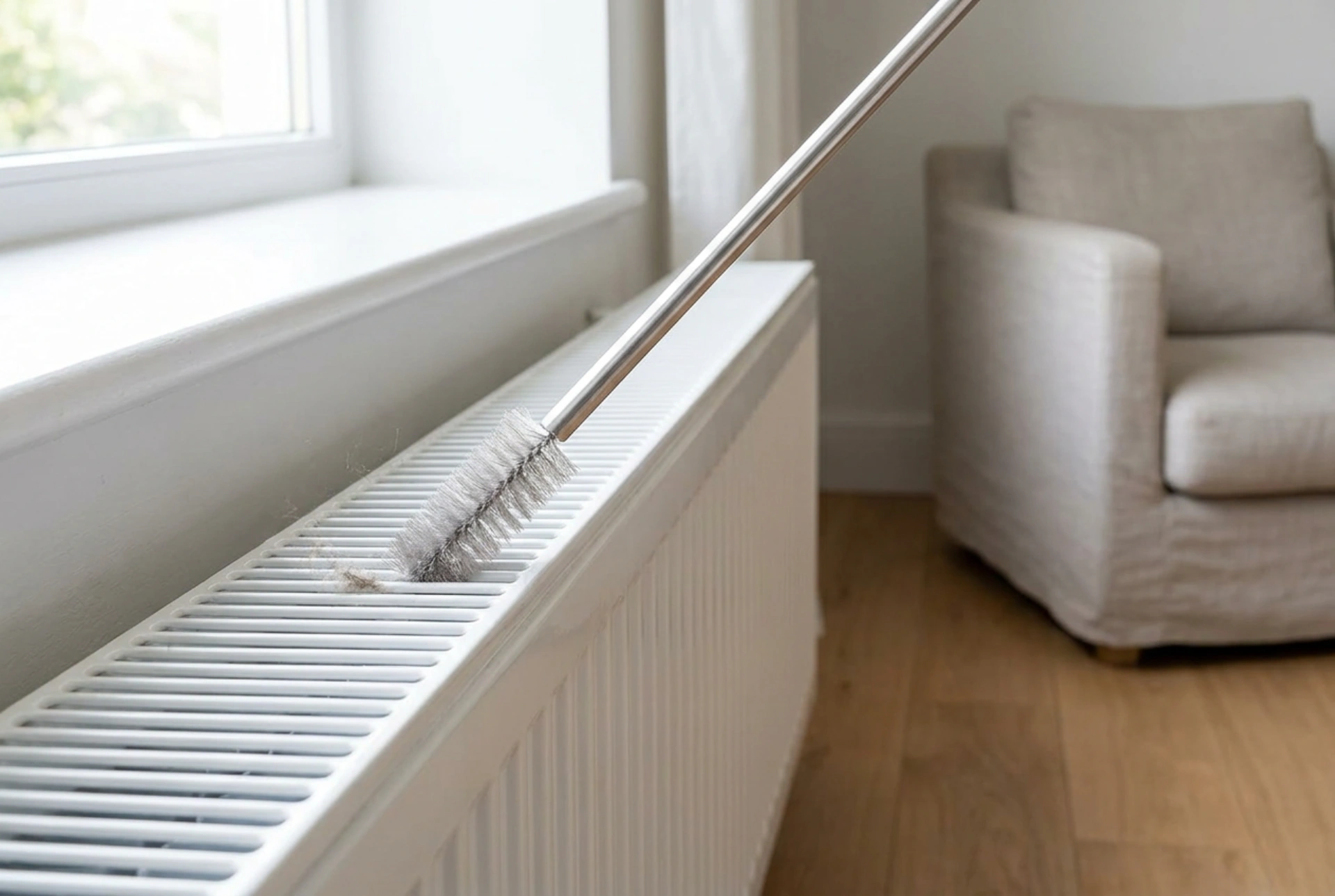 Effektiv teknik för rengöring av element med en smal radiatorborste
