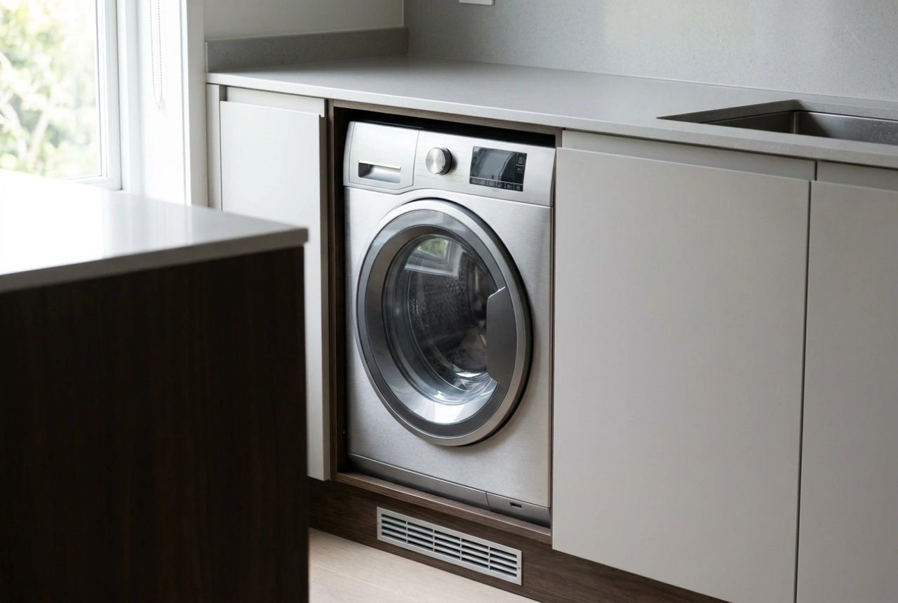 Liten inbyggd tvättmaskin utan problem med åtkomst och ventilation